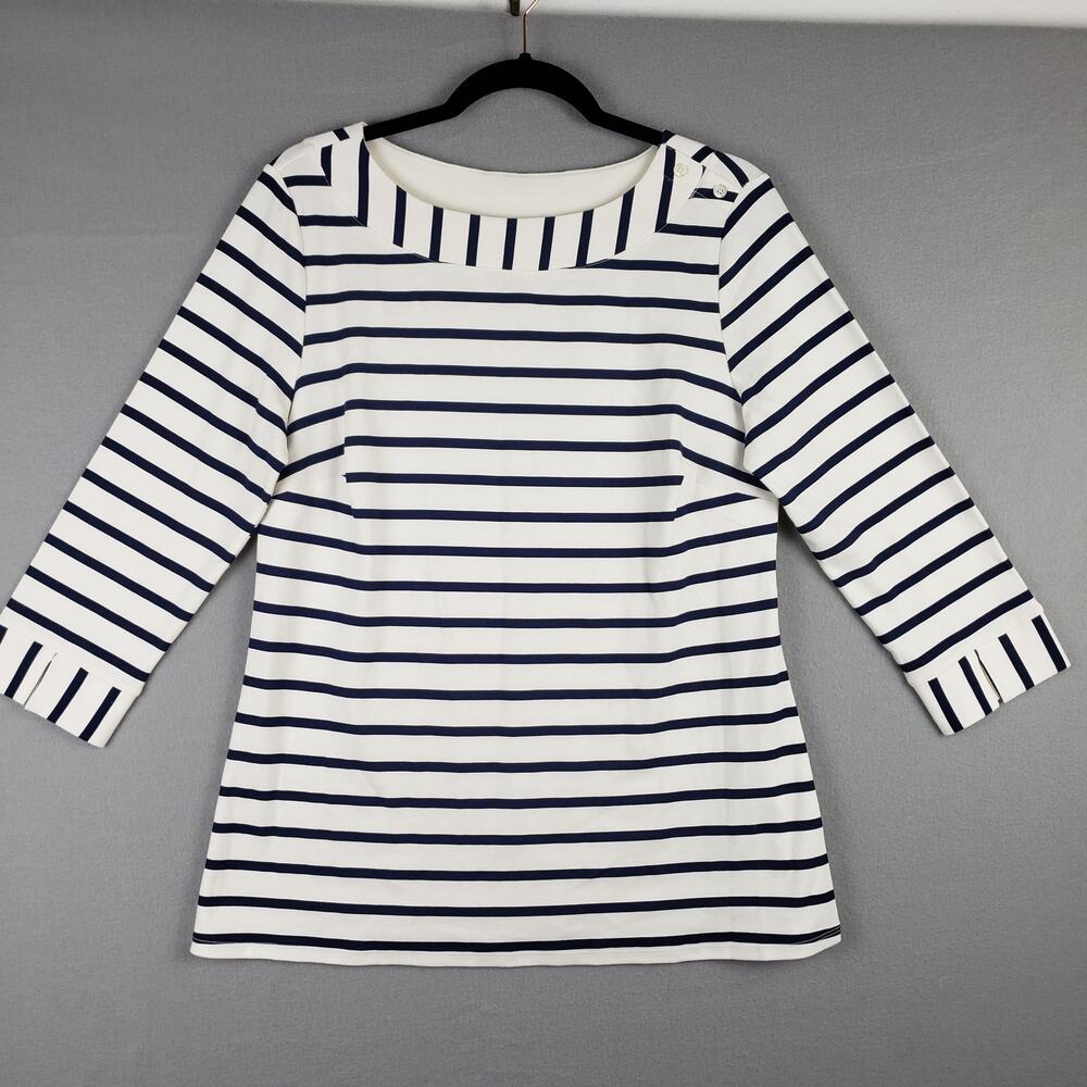 Navy Blue White Stripe Nautical Top Elbow Sleeve Coastal Fisherman Sailor Size S